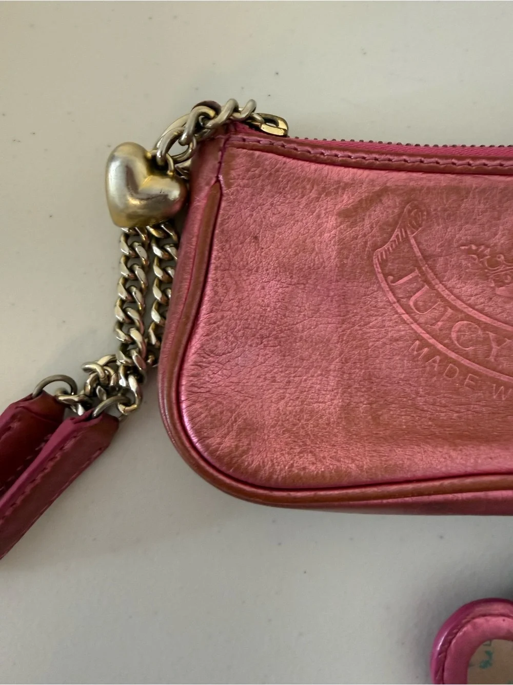 Juicy Couture Y2K Pink Metallic Leather Wristlet Clutch Heart Mirror Charm